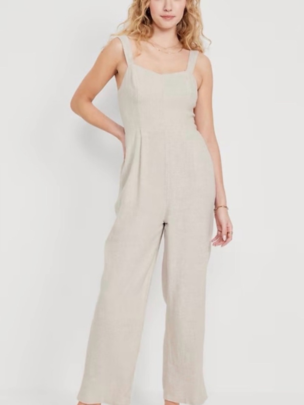 Old Navy Sleeveless Square-Neck Wide-Leg Jumpsuit in Light Beige